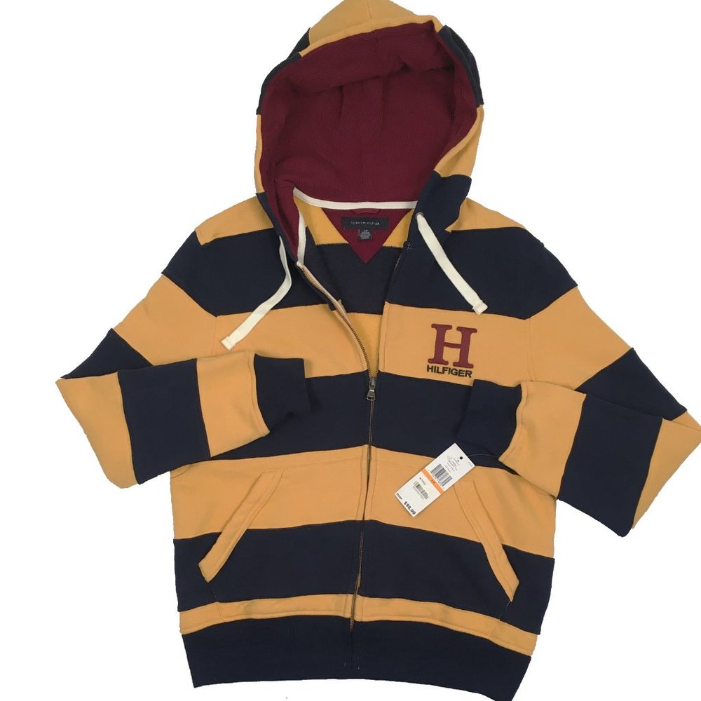 NEW Vintage Tommy Hilfiger Hoodie Sweatshirt Navy & Yellow Stripe Big H on Chest